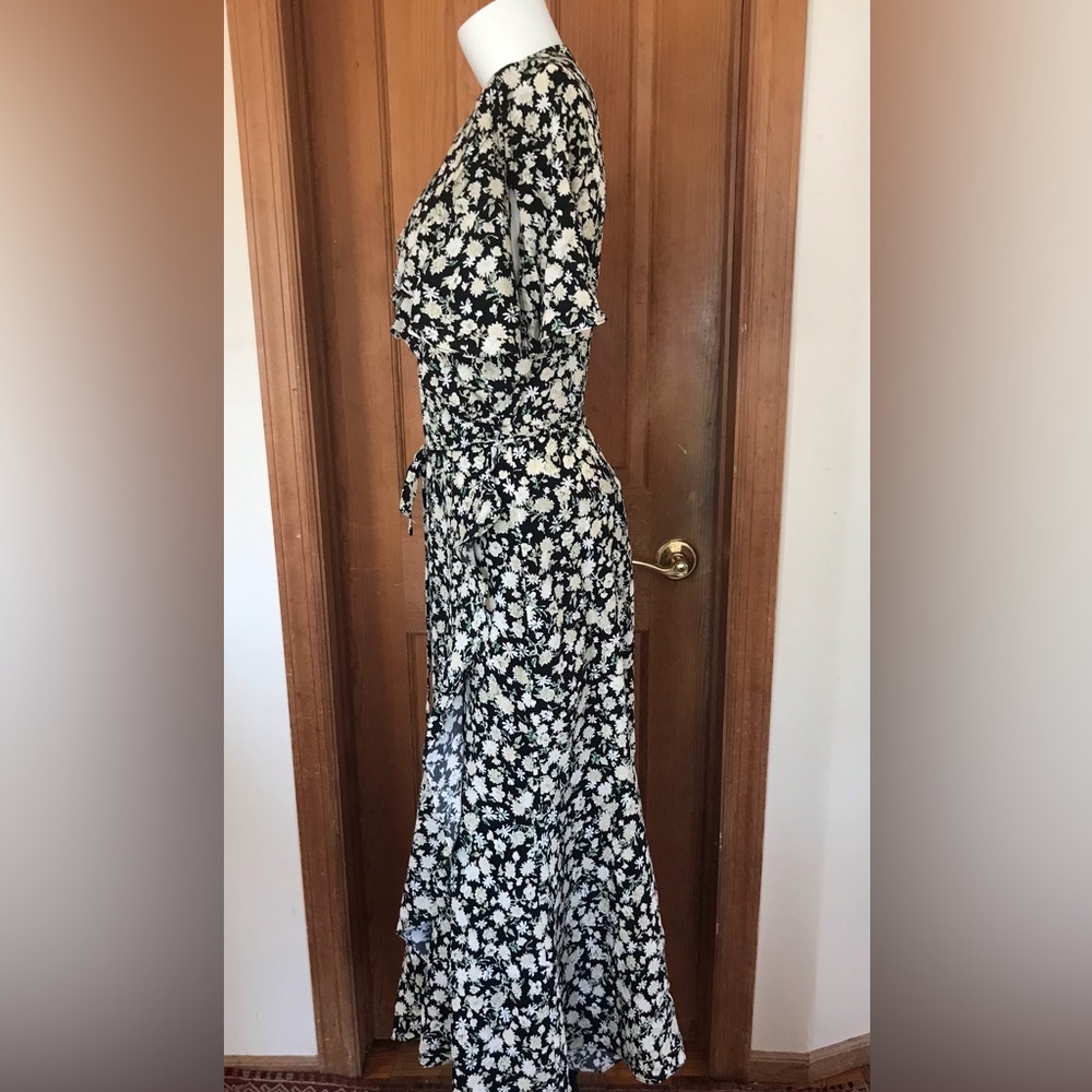 & Other Stories Long Floral Wrap Dress Ruffle Edge Open Sleeve 12 Black